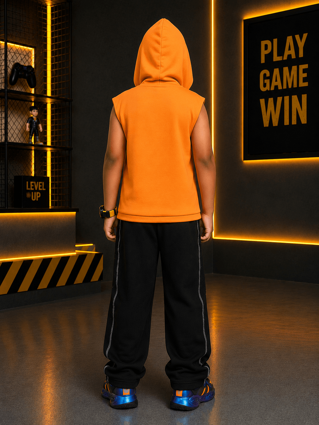 BEAT MODE HOODED CO-ORD FOR BOYS GIRLS ORANGE BLACK worn by a child from behind in a stylish indoor setting.