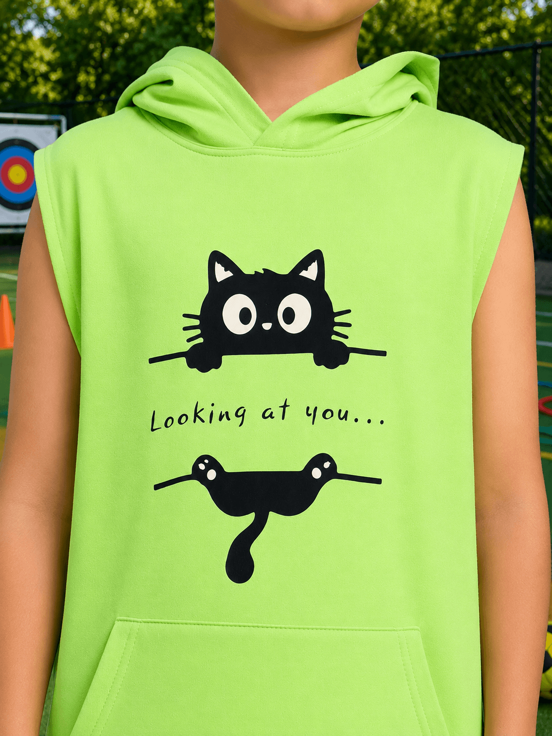 CURIOUS CAT HOODED T-SHIRT FOR BOYS GIRLS NEON GREEN featuring a playful cat graphic.