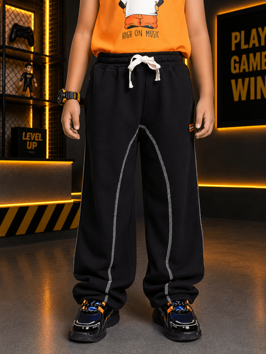 BEAT MODE HOODED CO-ORD FOR BOYS GIRLS ORANGE BLACK featuring stylish black joggers and orange tank top.