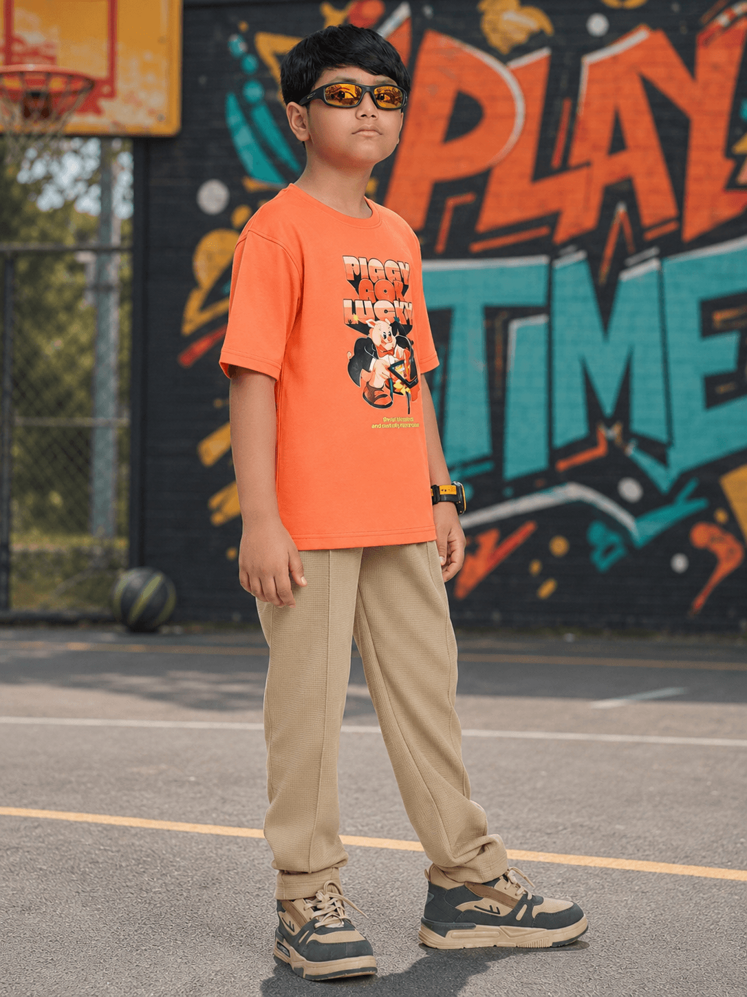 COMIC STREET GRAPHIC CO-ORD FOR BOYS GIRLS ORANGE BEIGE worn by a boy on a basketball court with a colorful graffiti background.