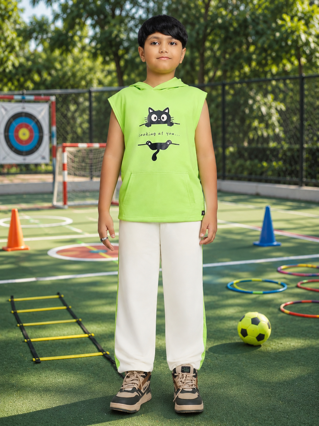 CURIOUS CAT HOODED CO-ORD FOR BOYS GIRLS NEON OFF WHITE