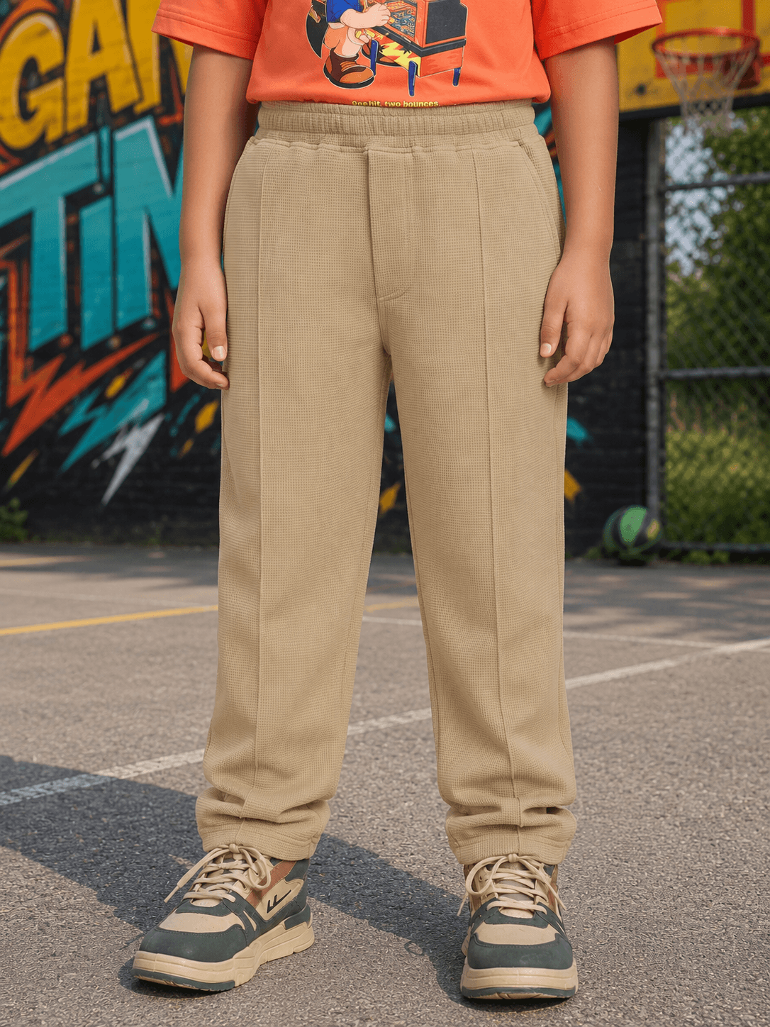 COMIC STREET JOGGER FOR BOYS GIRLS BEIGE worn by a child in a vibrant street setting.