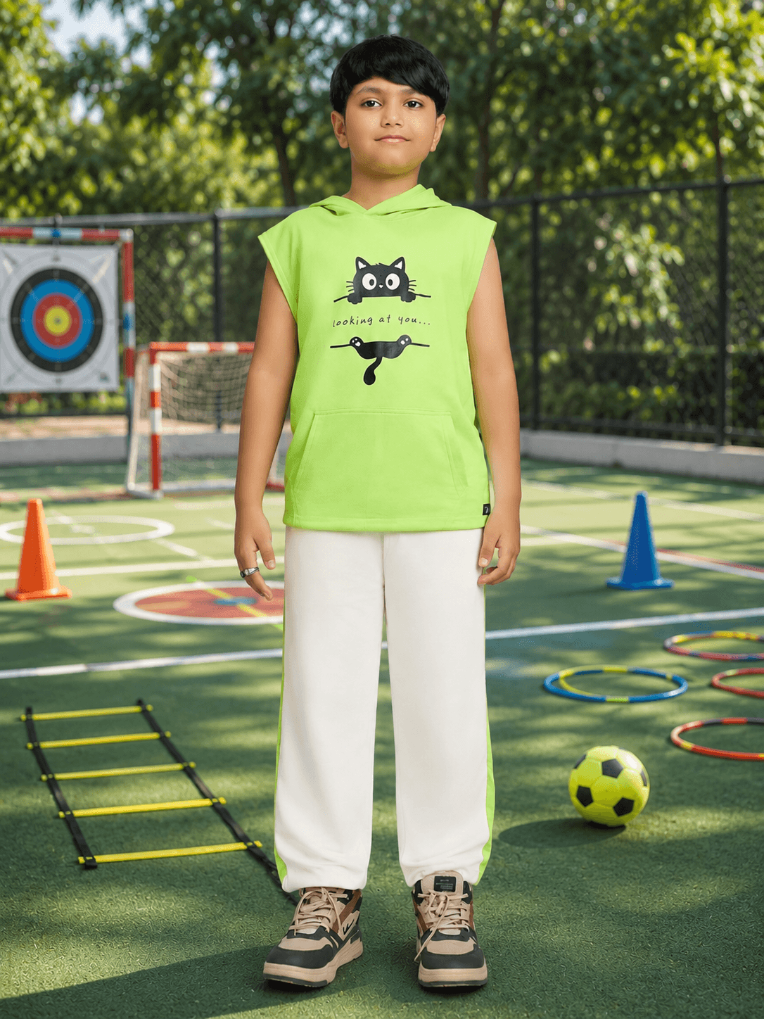 CURIOUS CAT HOODED T-SHIRT FOR BOYS GIRLS NEON GREEN worn by a boy in an outdoor play area.