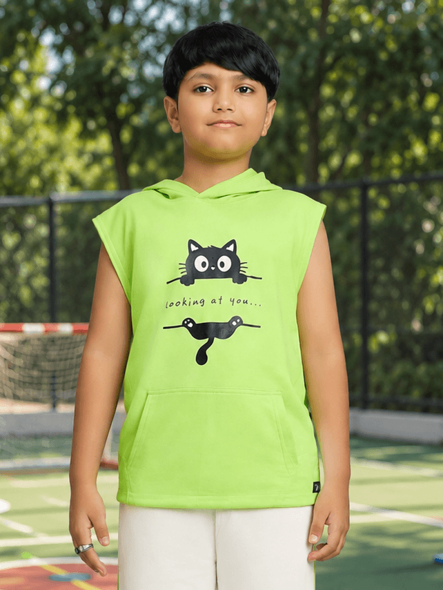 CURIOUS CAT HOODED T-SHIRT FOR BOYS GIRLS NEON GREEN on a boy, featuring a playful cat graphic.
