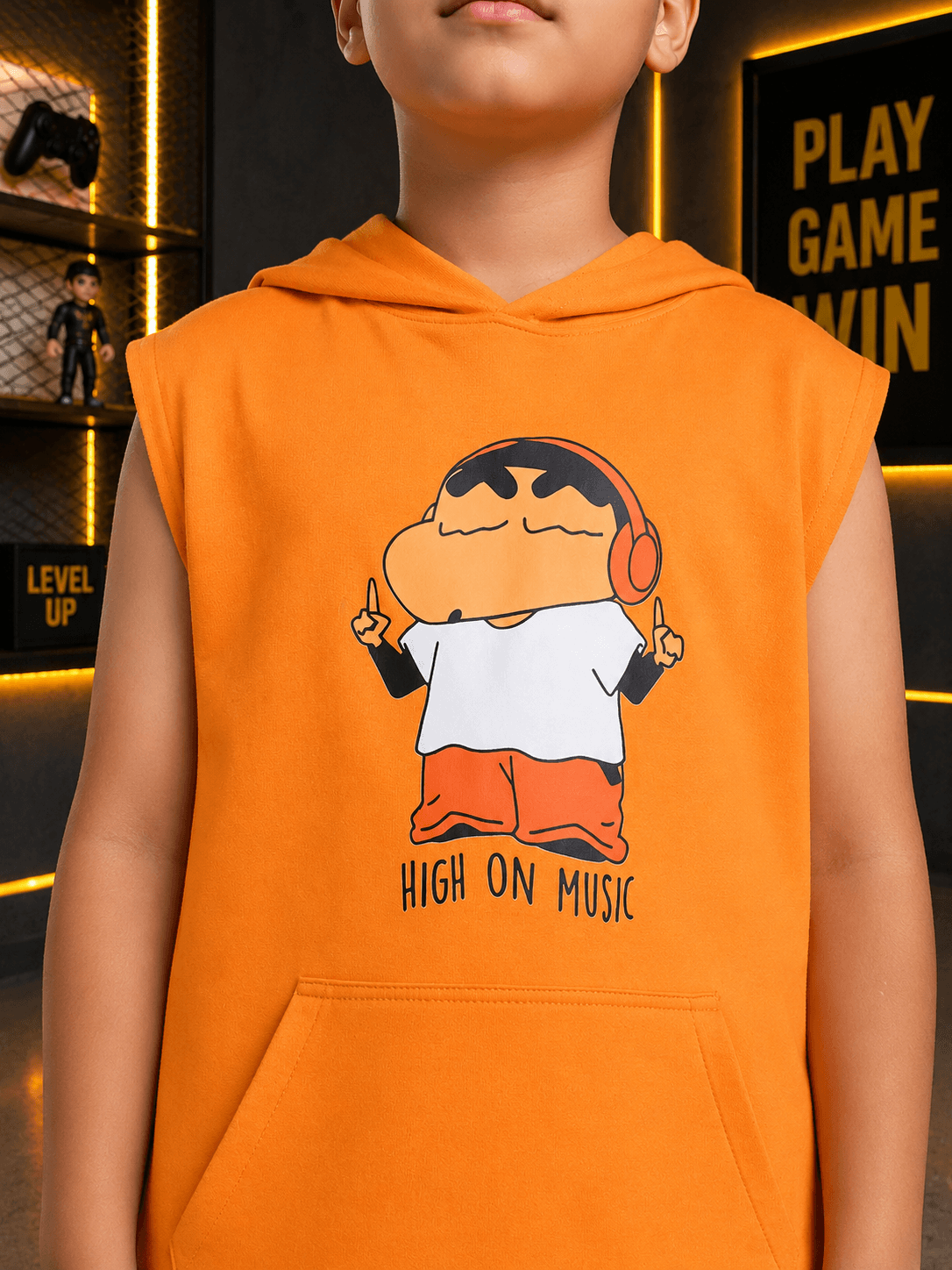 BEAT MODE HOODED CO-ORD FOR BOYS GIRLS ORANGE BLACK featuring a boy in an orange hooded sleeveless top.