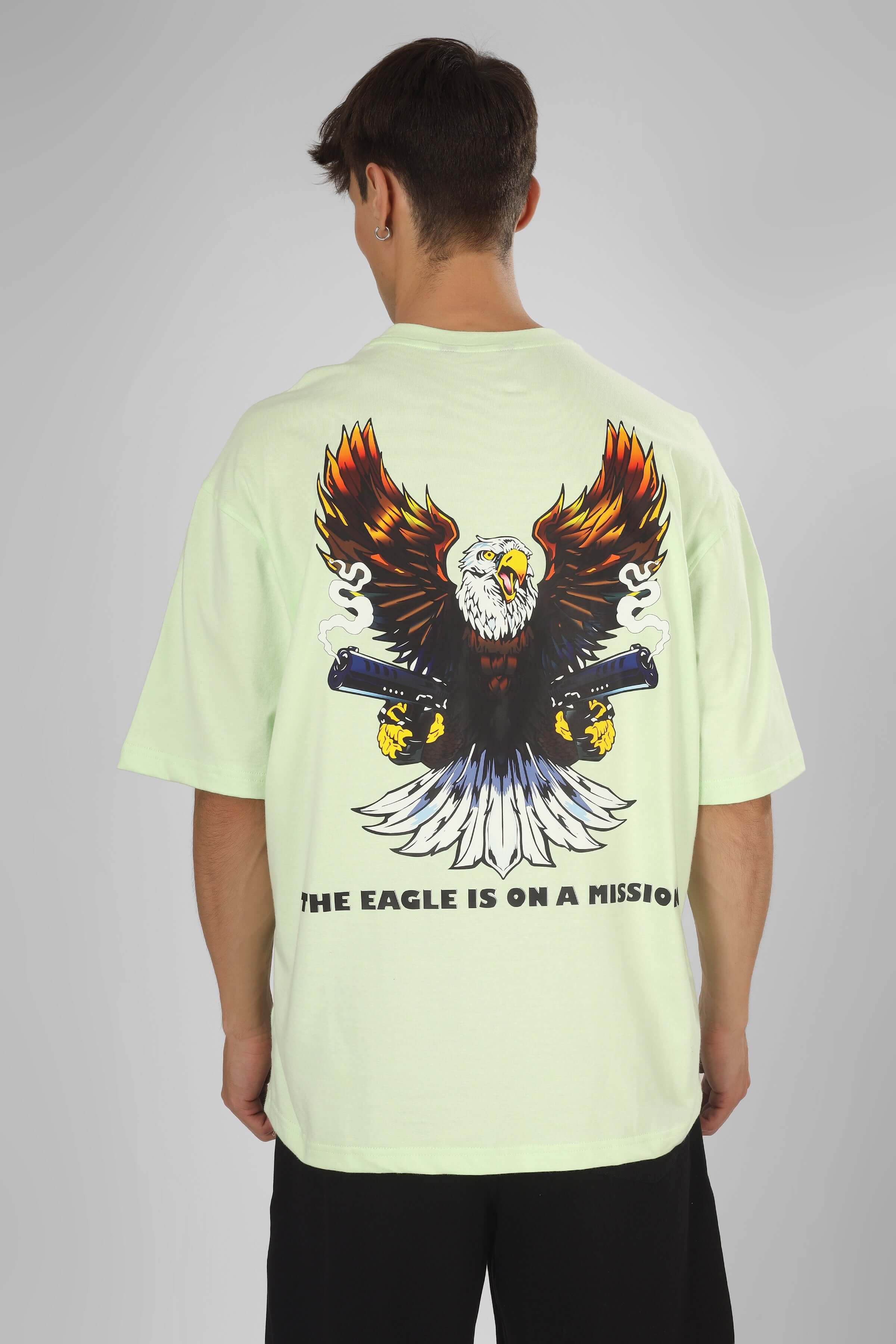 Men wearing DUDS EAGLE ON MISSION OVER-SIZED T-SHIRT NYANZA, featuring an eagle graphic and text, made of premium 100% cotton fabric.