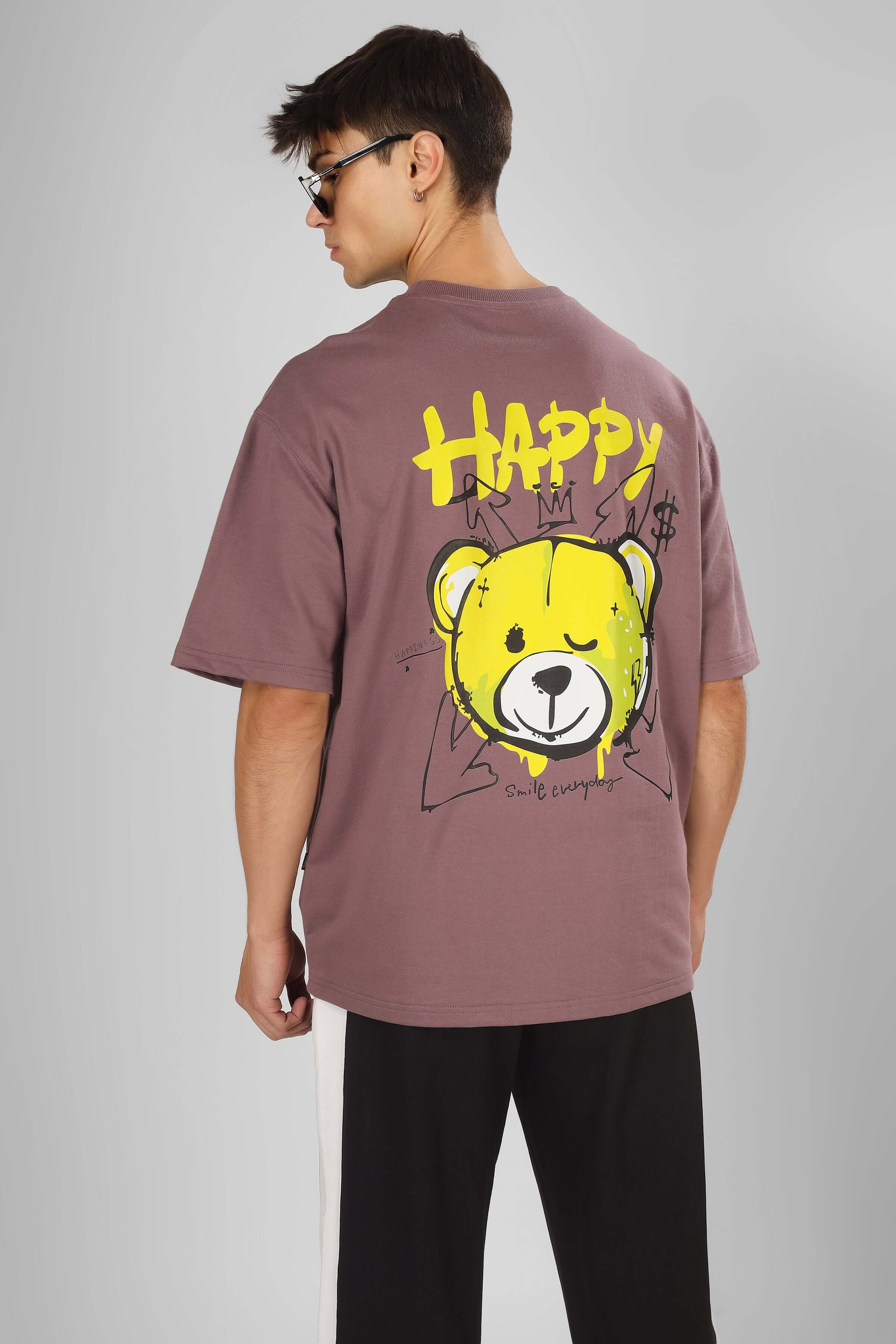 Alt Tag: Model wearing HAPPY DUDS OVER-SIZED T-SHIRT CHINESE VOILET with bear graphic on back, made of premium cotton French terry.