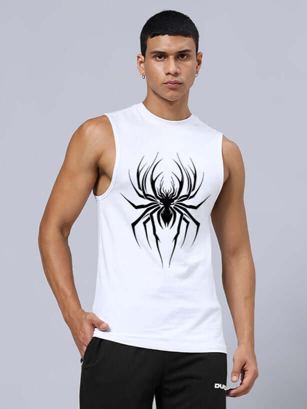 White gym t-shirt with spider print, relaxed fit. Ideal for workouts, customize size with 'Custom Fit' option at DUDS.