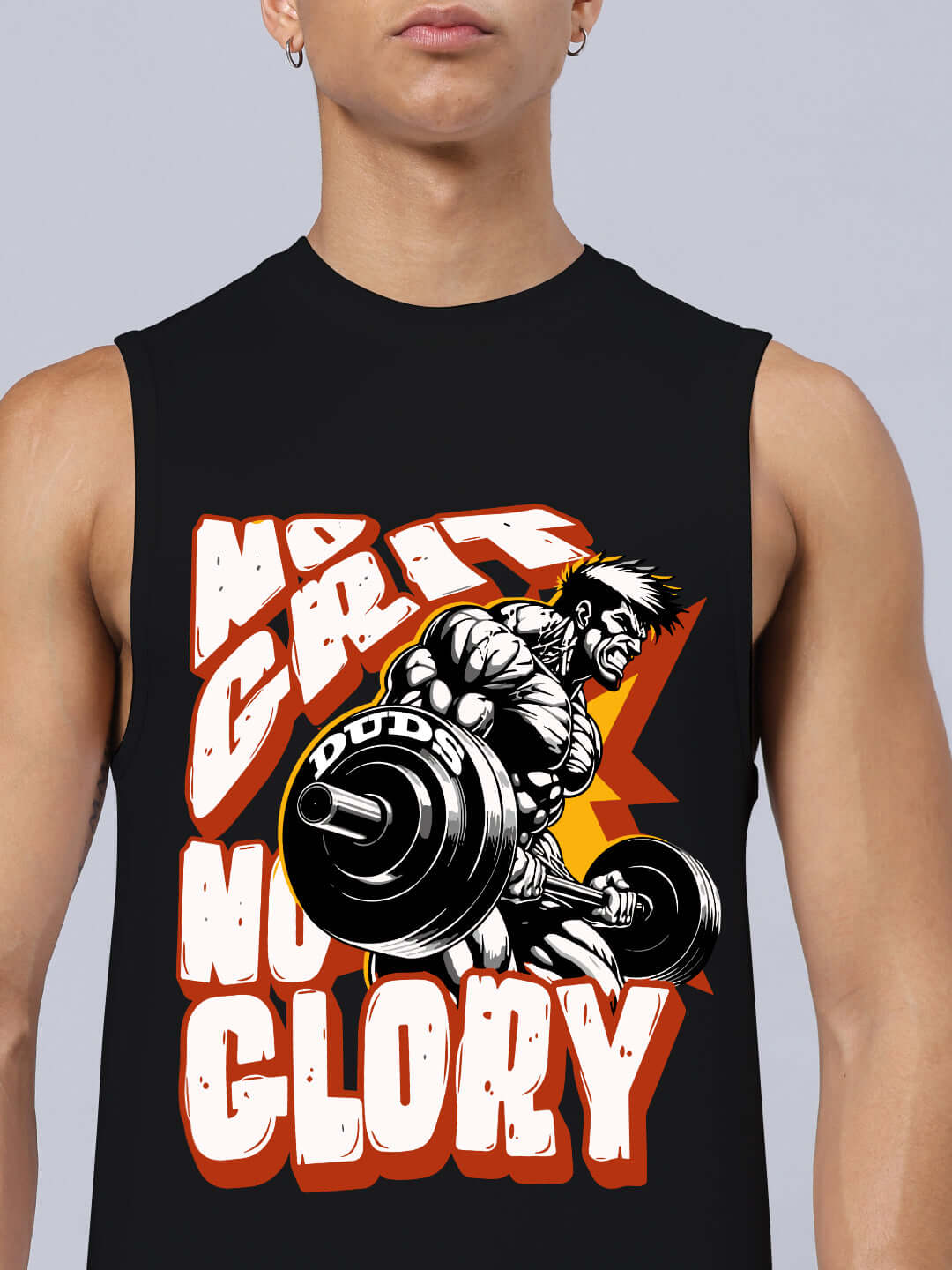 Close-up of a black sleeveless gym shirt with 'No Grit No Glory' print and a muscular cartoon weightlifter design.