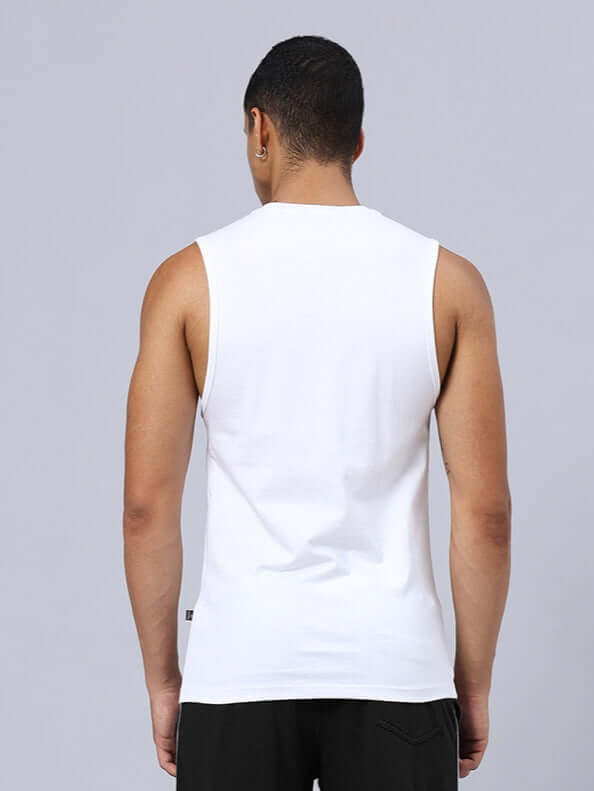 Back view of a white relaxed-fit gym t-shirt with spider print, showcasing sleeveless design and custom fit option.