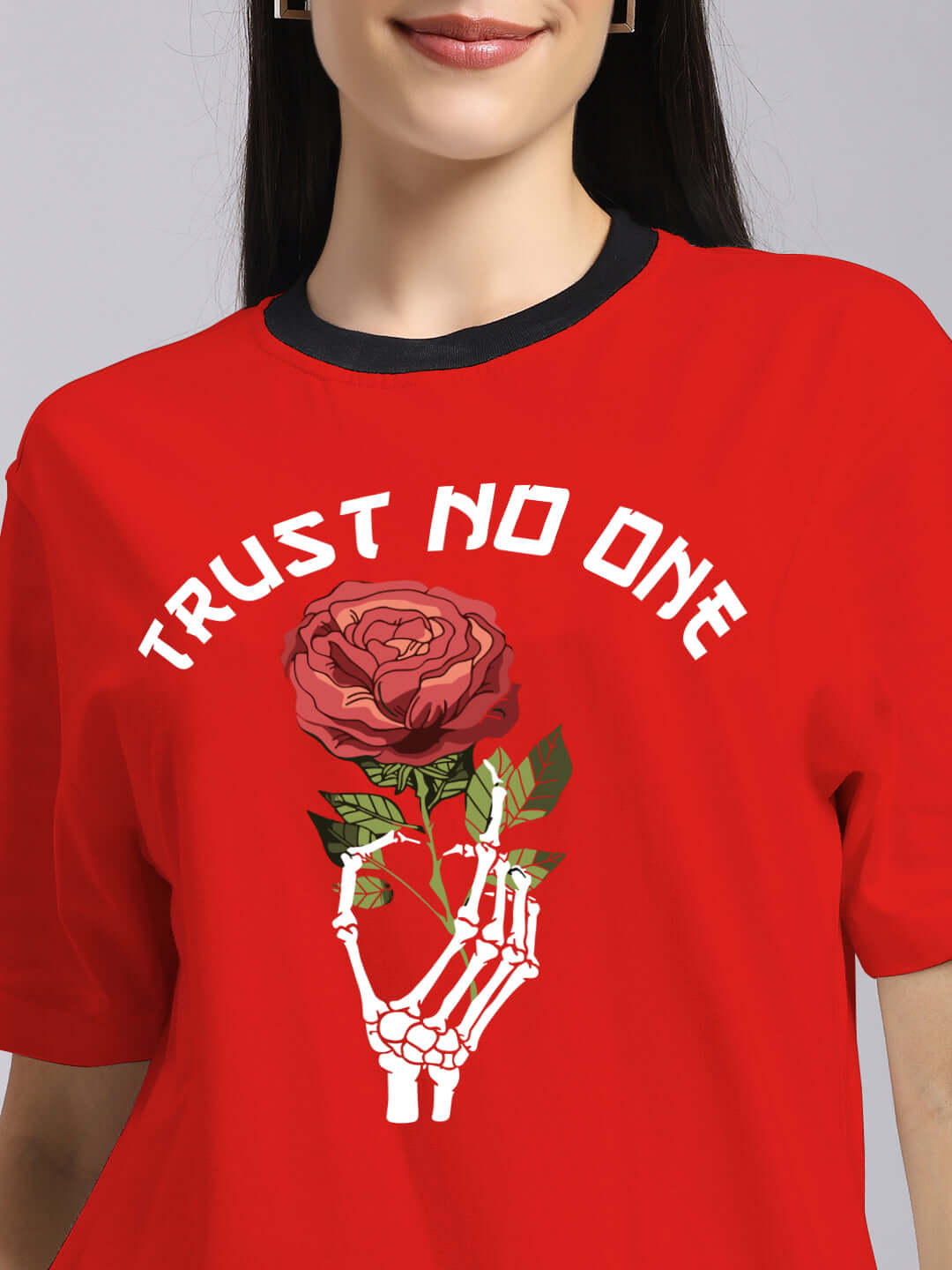 Red women's t-shirt with 'Trust No One' text and rose graphic on the front, made from premium 100% cotton fabric.