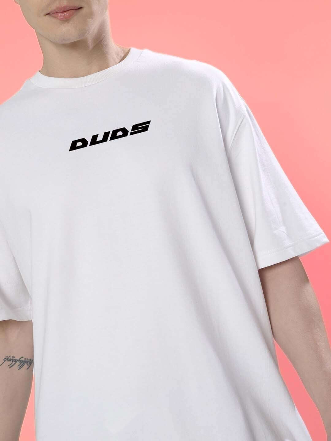 THINK HIGHER OVER-SIZED T-SHIRT WHITE made from premium heavy gauge fabric with 97% cotton on a pink background.