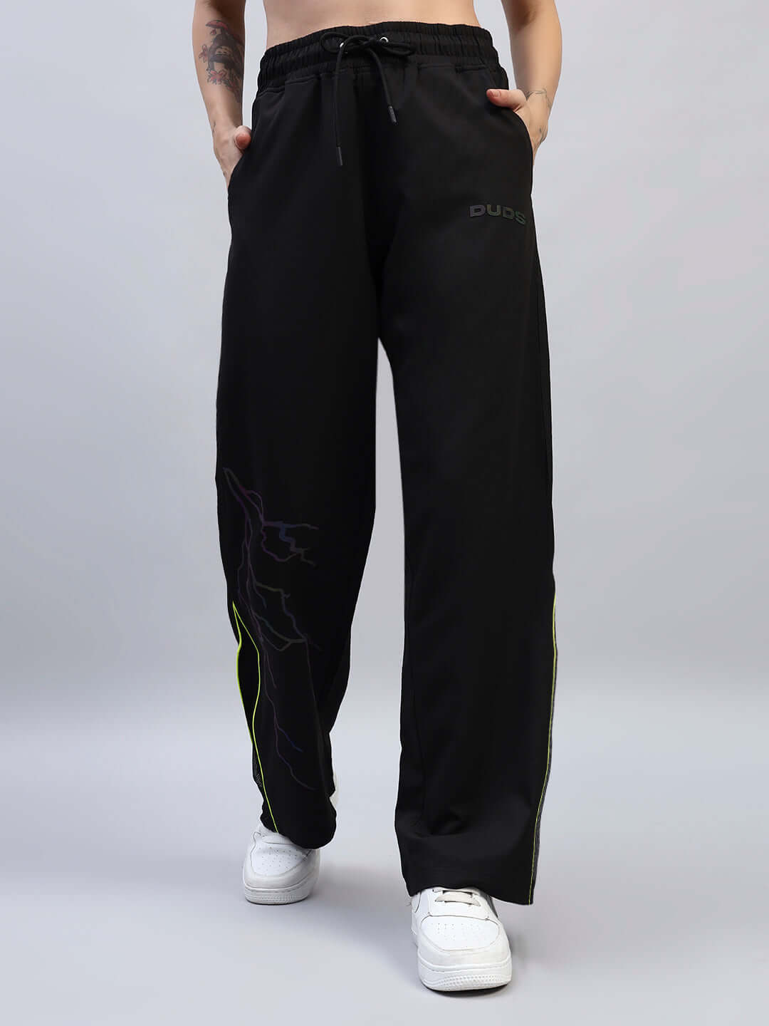 Women's Salvo Reflector Relaxed-Fit Joggers in Black, featuring customizable size options for a tailored fit and unique design accents.