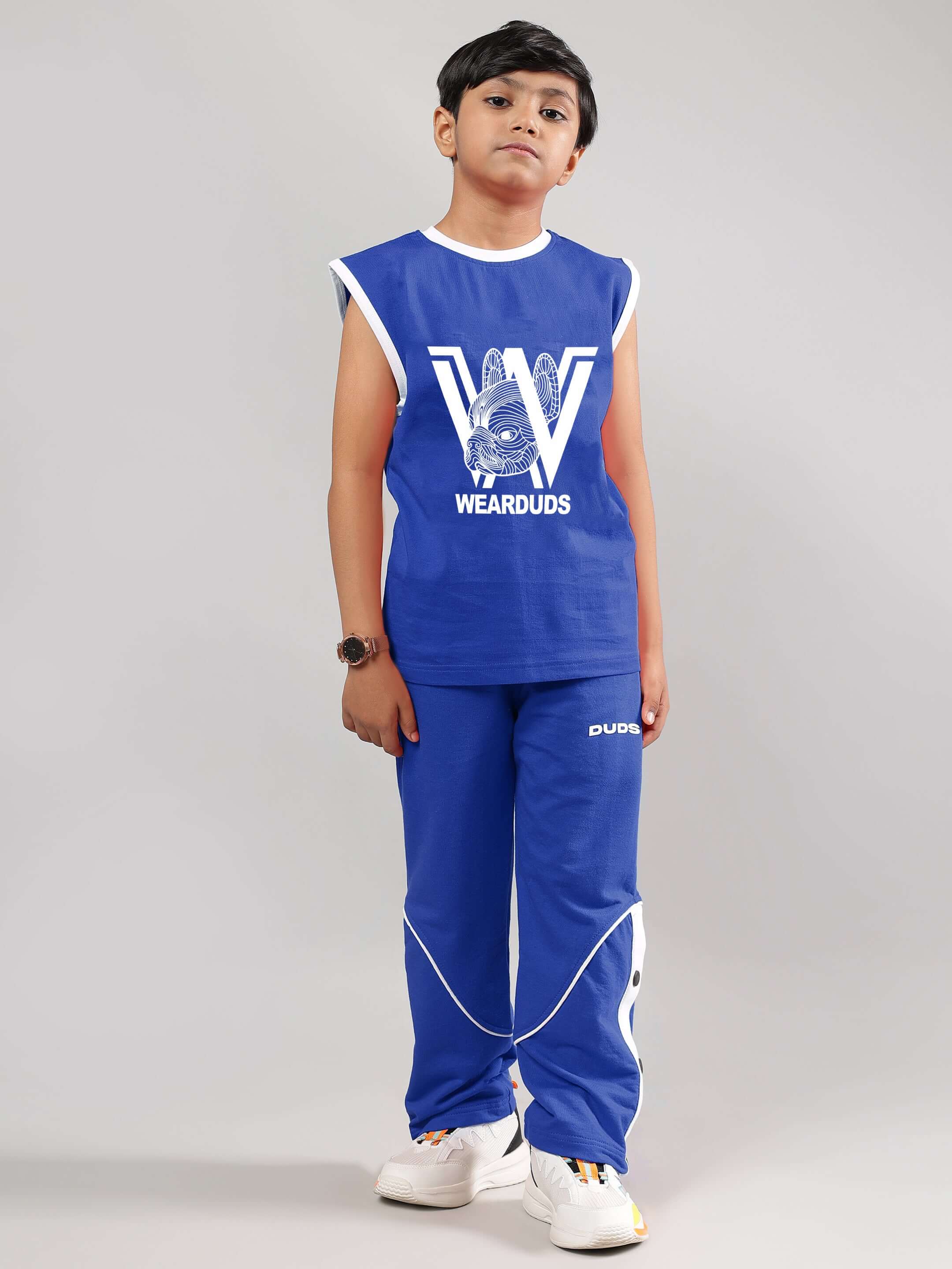 Boy wearing blue Washington Huskies co-ord by DUDS; sleeveless top with logo, matching pants; suitable for boys and girls.