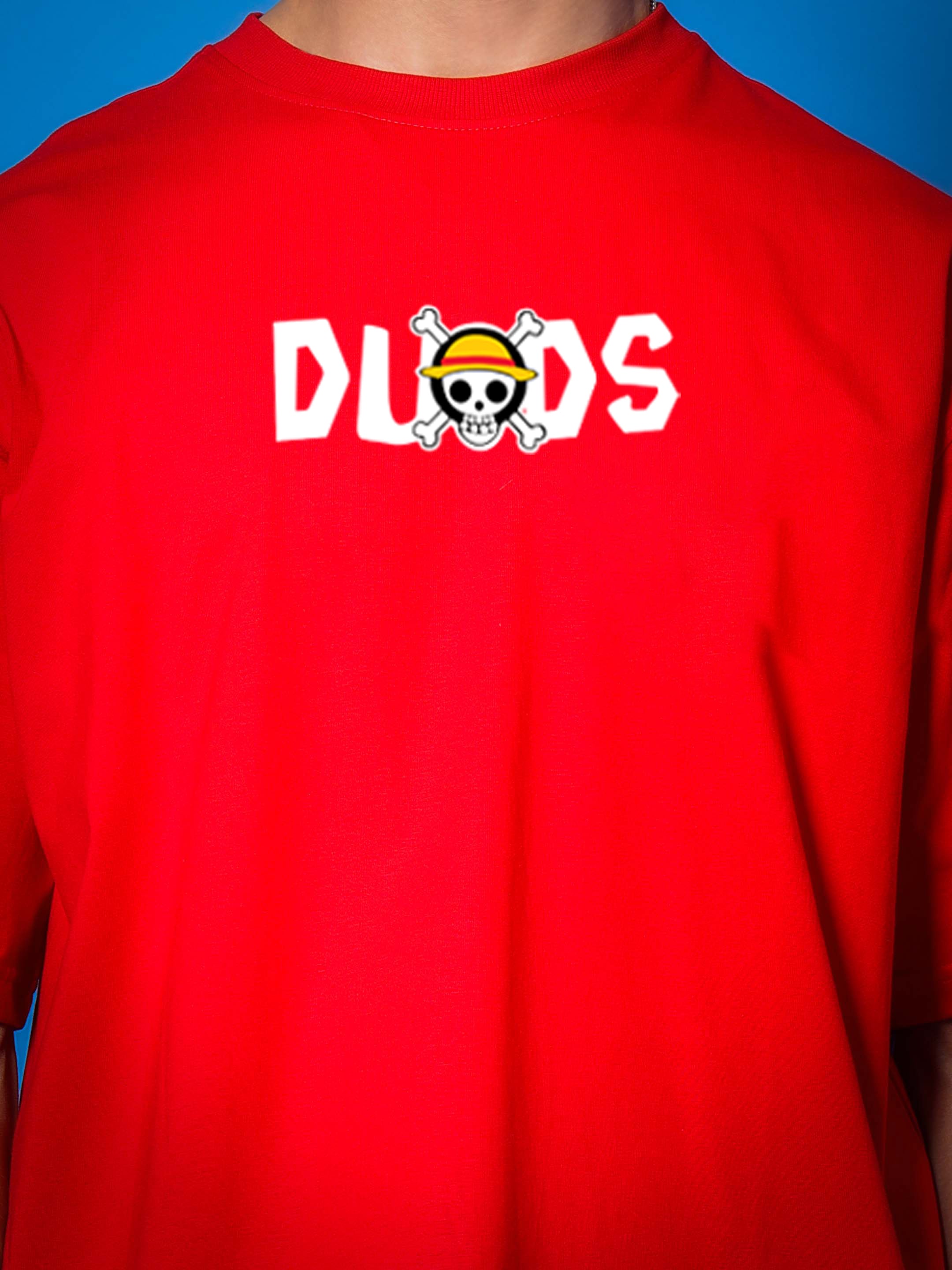 ONE PIECE OVER-SIZED T-SHIRT RED with DUDS logo on front view