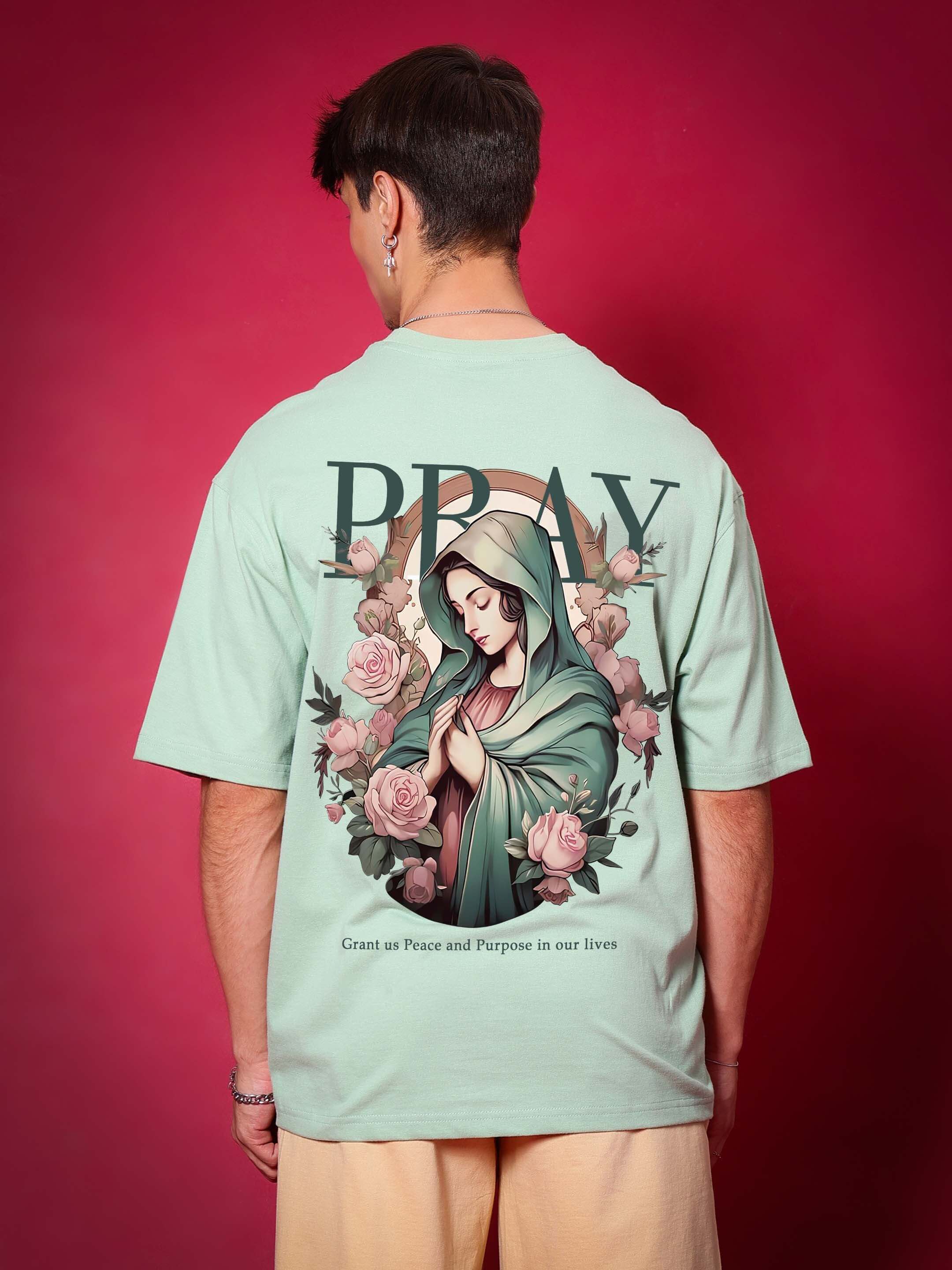 PRAY OVER-SIZED T-SHIRT NYANZA GREEN with religious design on back, featuring premium cotton fabric.