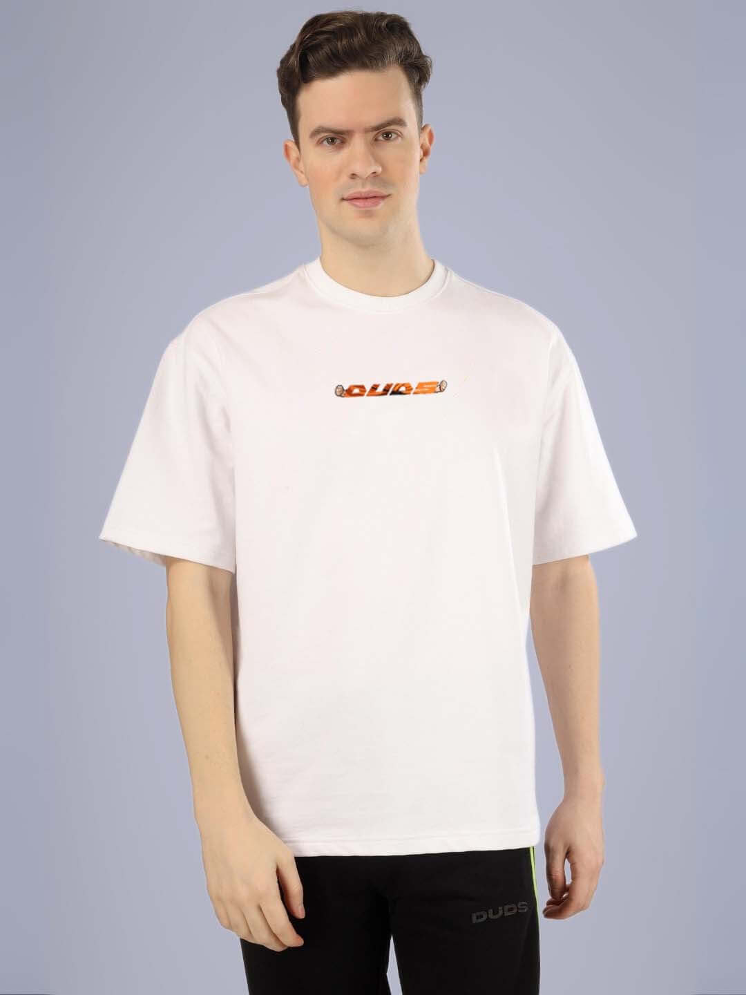 GOHAN OVER-SIZED T-SHIRT OFF WHITE worn by model, customizable size options available for prepaid orders, DUDS brand.