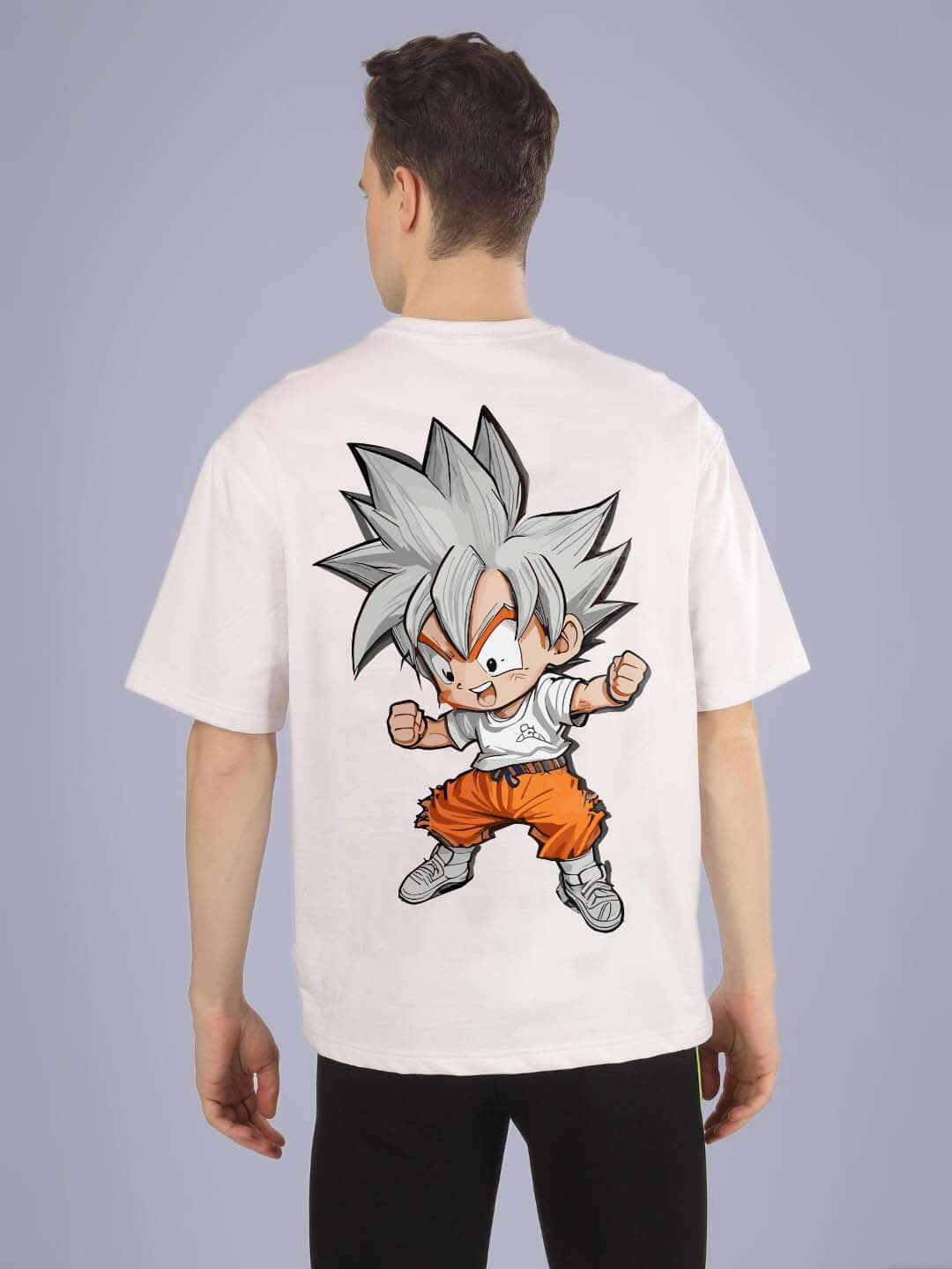 Back view of GOHAN OVER-SIZED T-SHIRT OFF WHITE featuring a cartoon character design.