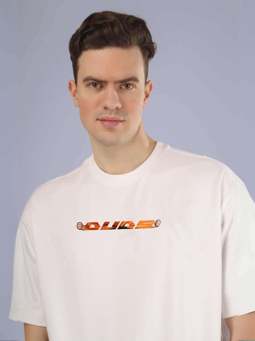 Model wearing GOHAN OVER-SIZED T-SHIRT OFF WHITE with custom fit option available for prepaid orders.