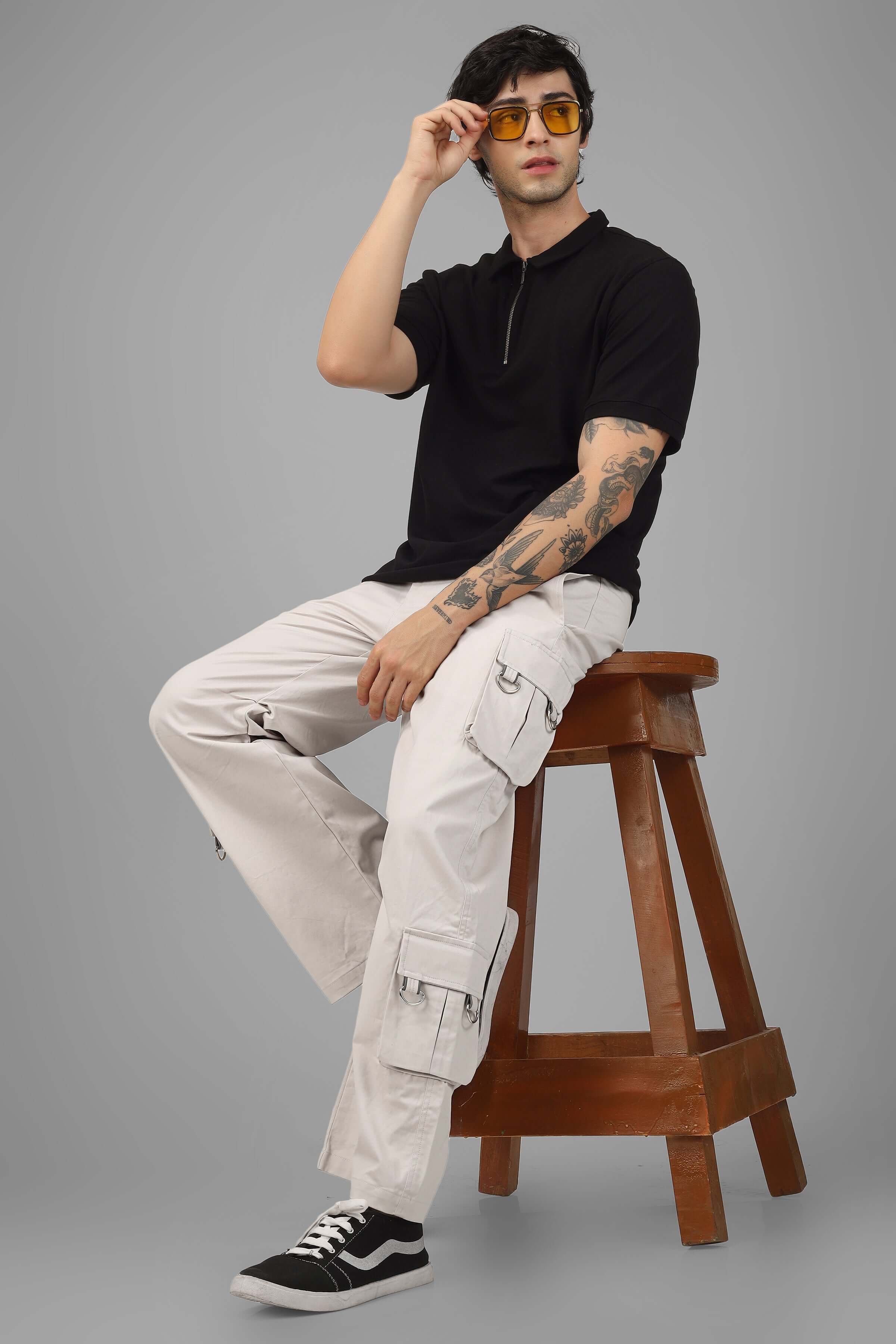 ARCADIA WHITE 6 POCKET CARGO PANTS WITH BUCKLE REFLECTOR