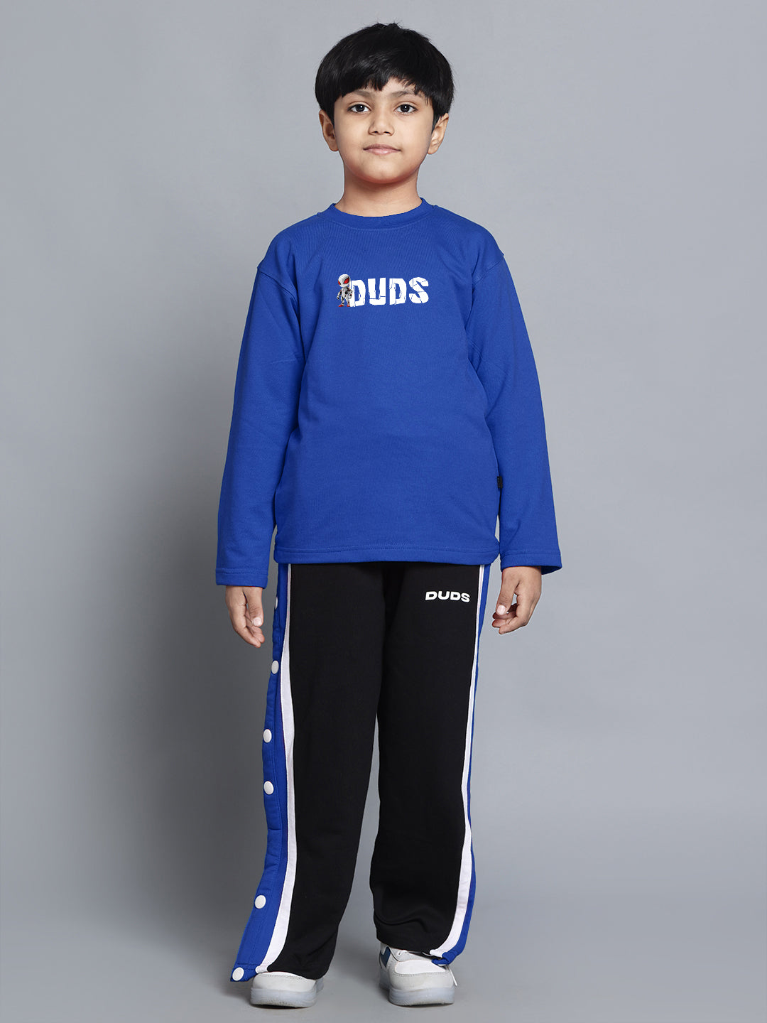 SPIDERROBO COTTON CO-ORD FOR BOYS AND GIRLS BLUE BLACK with blue top and black pants for kids fashion.