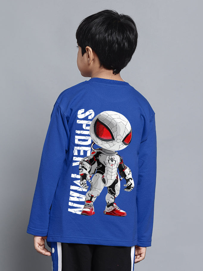 Child wearing SPIDERROBO SWEATSHIRT FOR BOYS AND GIRLS BLUE with a spider-themed robot graphic on the back, showcasing vivid blue color.