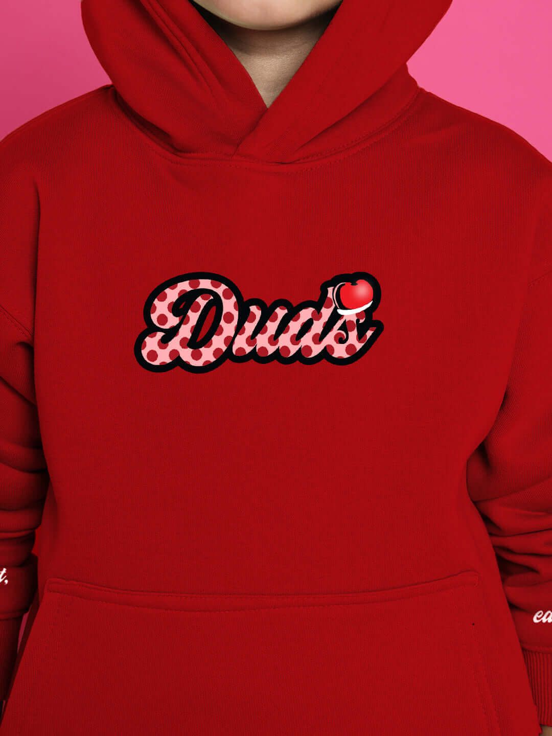 Red cupcake co-ord hoodie for boys and girls featuring a playful design on the front.