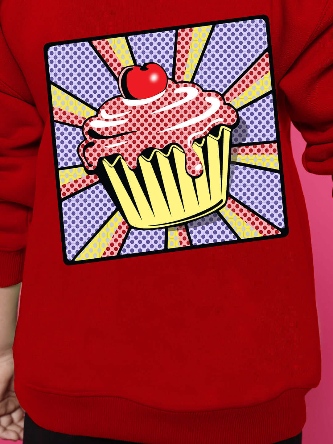 Kids' red co-ord with cupcake graphic, suitable for boys and girls.