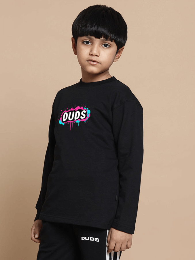 Child wearing a black 'INSANE RABBIT' sweatshirt made of premium cotton French terry lycra with colorful logo design.