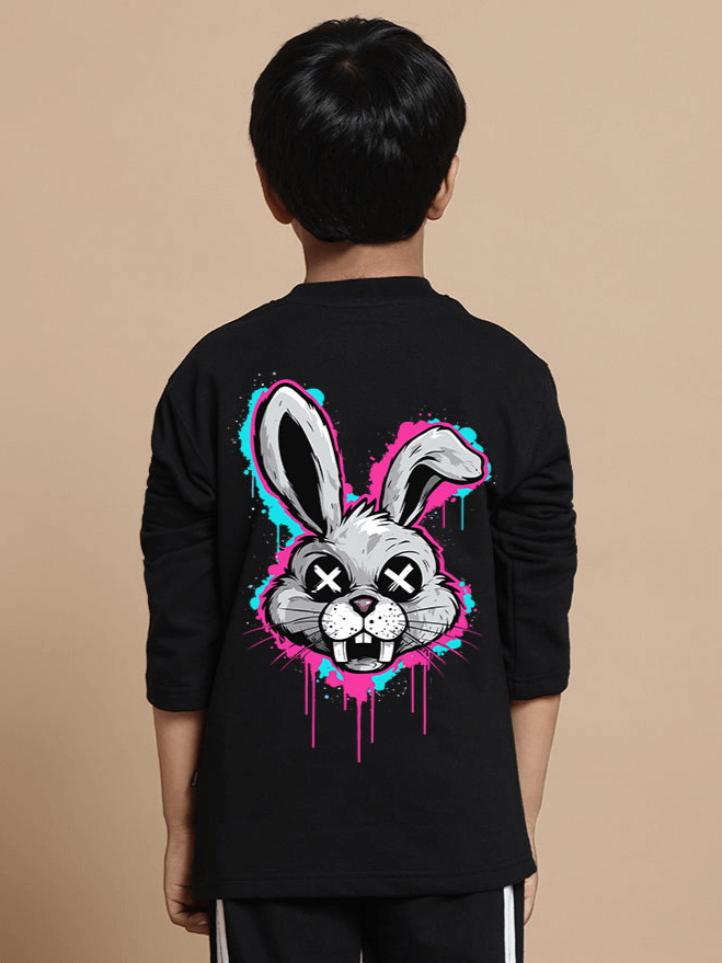 Black sweatshirt for kids with colorful rabbit graphic on the back, made of premium cotton blend fabric. Cold machine wash recommended.