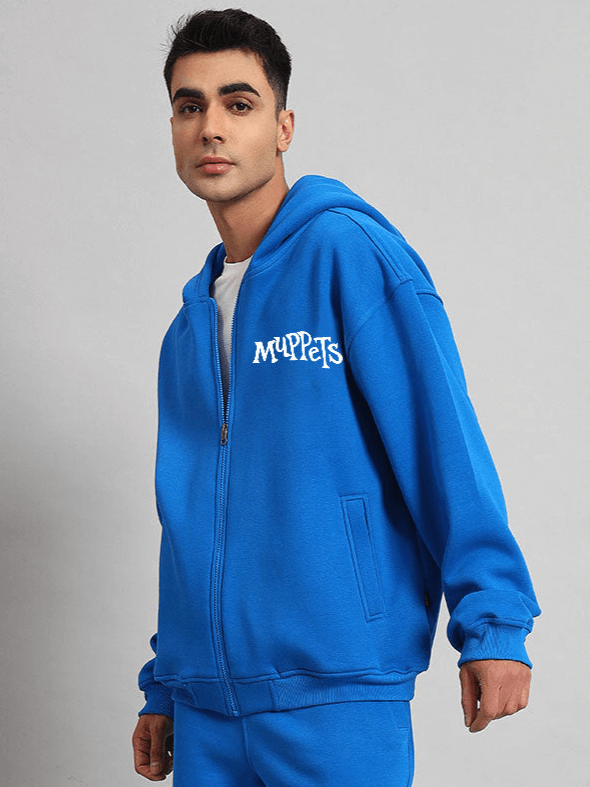 Model wearing a blue Muppets hoodie from DUDS, available for custom fit and made to order.