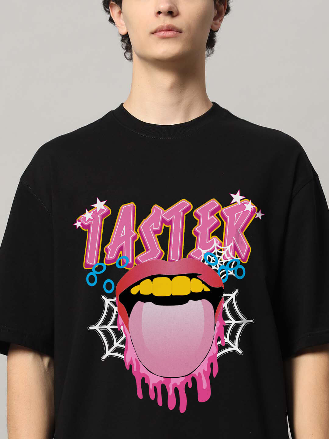 TASTER OVER-SIZED T-SHIRT BLACK with graphic design, front view