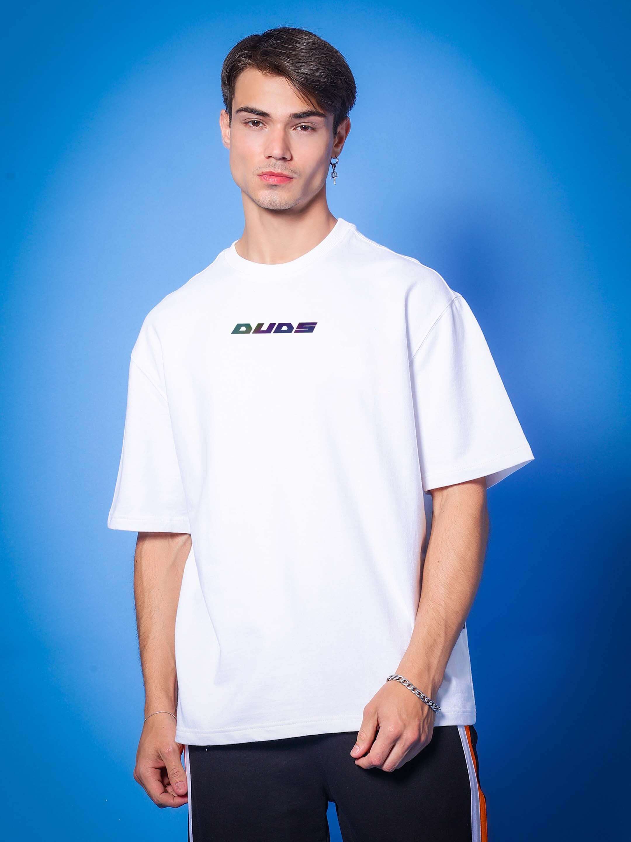 Model wearing INTERTWINED SNAKE REFLECTOR OVER-SIZED T-SHIRT WHITE by DUDS, featuring a custom fit option.