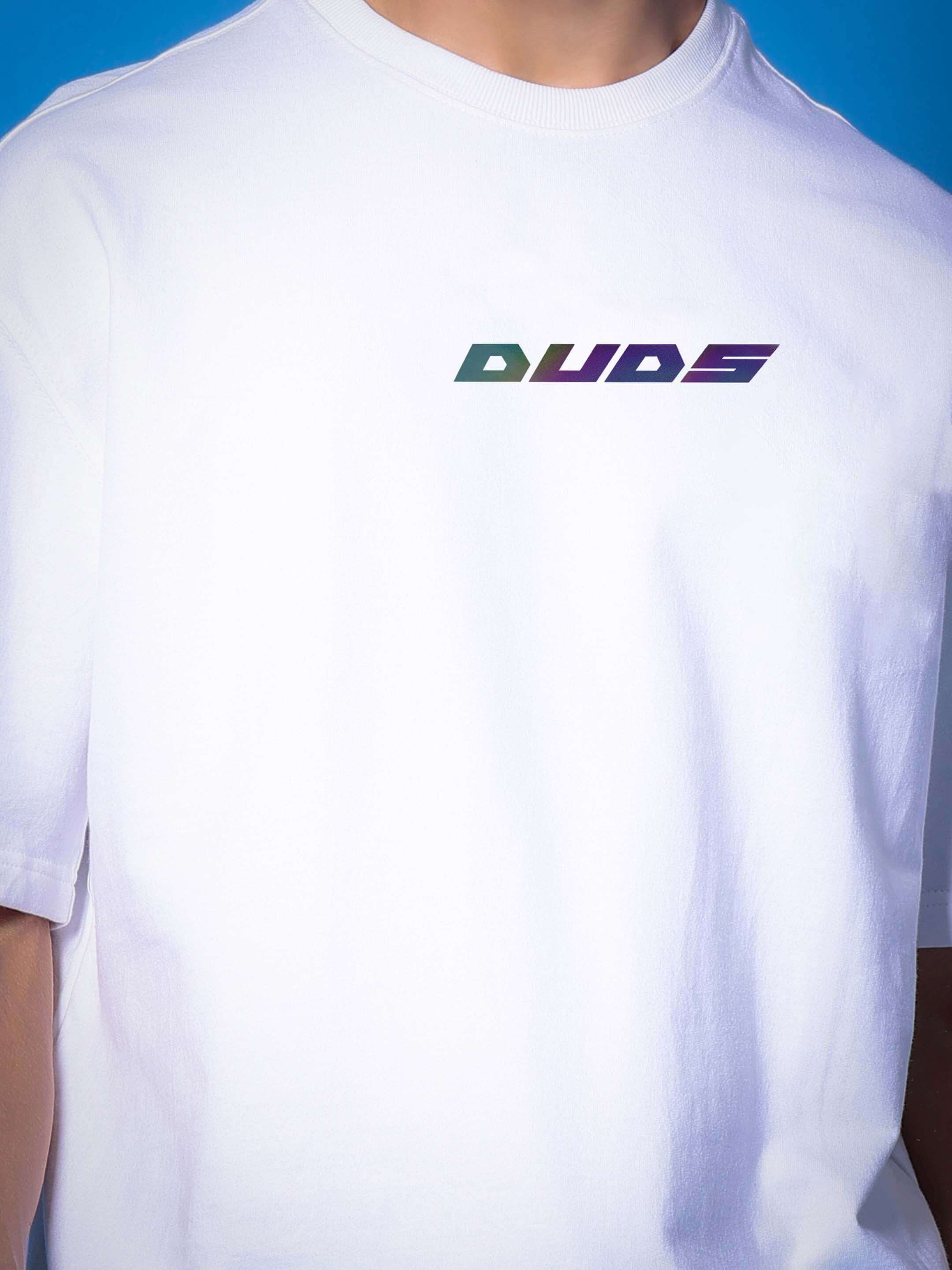 INTERTWINED SNAKE REFLECTOR OVER-SIZED T-SHIRT WHITE with logo detail on front displayed on model.