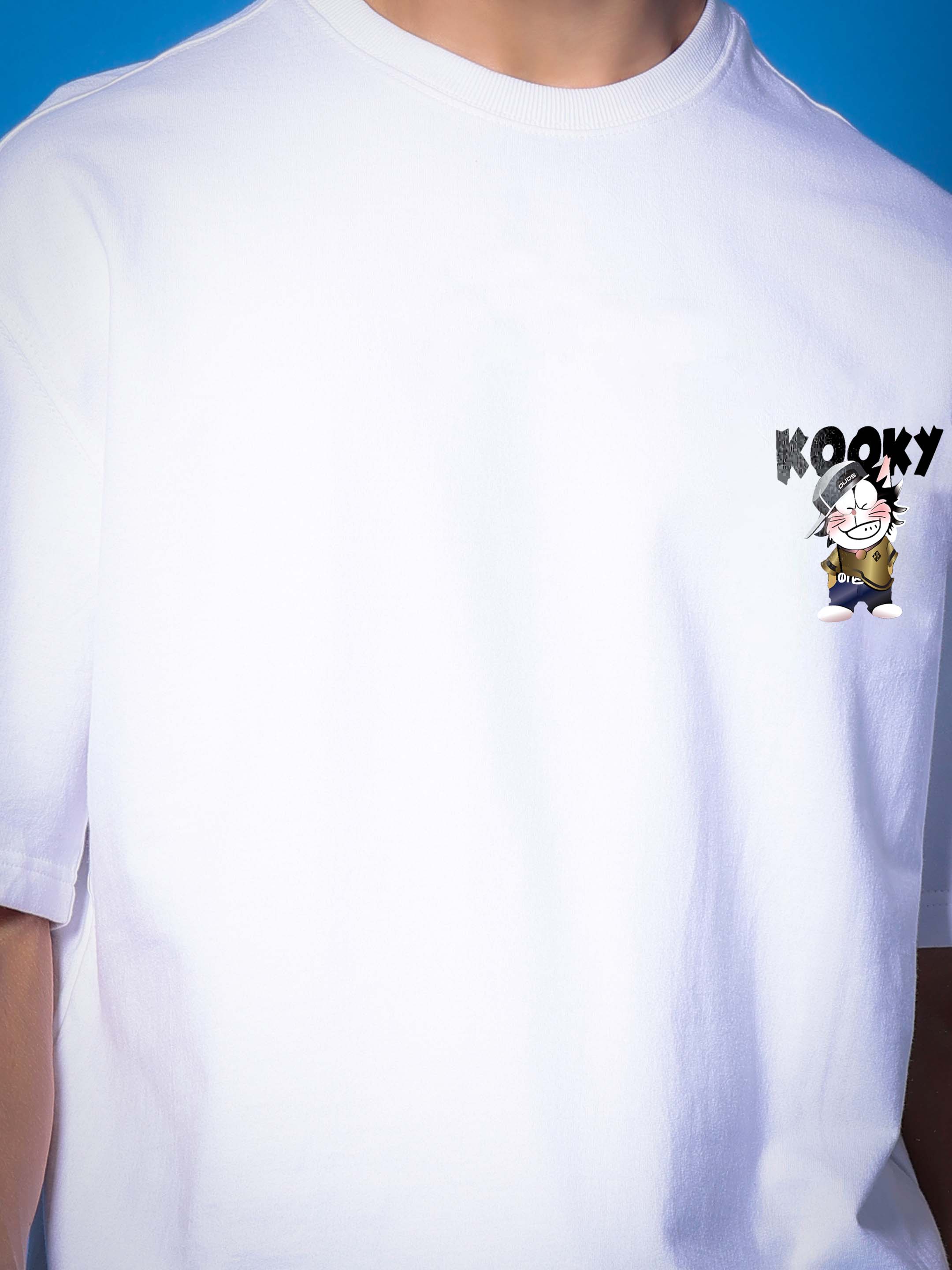 KOOKY OVER-SIZED T-SHIRT WHITE featuring premium heavy gauge fabric with a playful graphic design on the front.