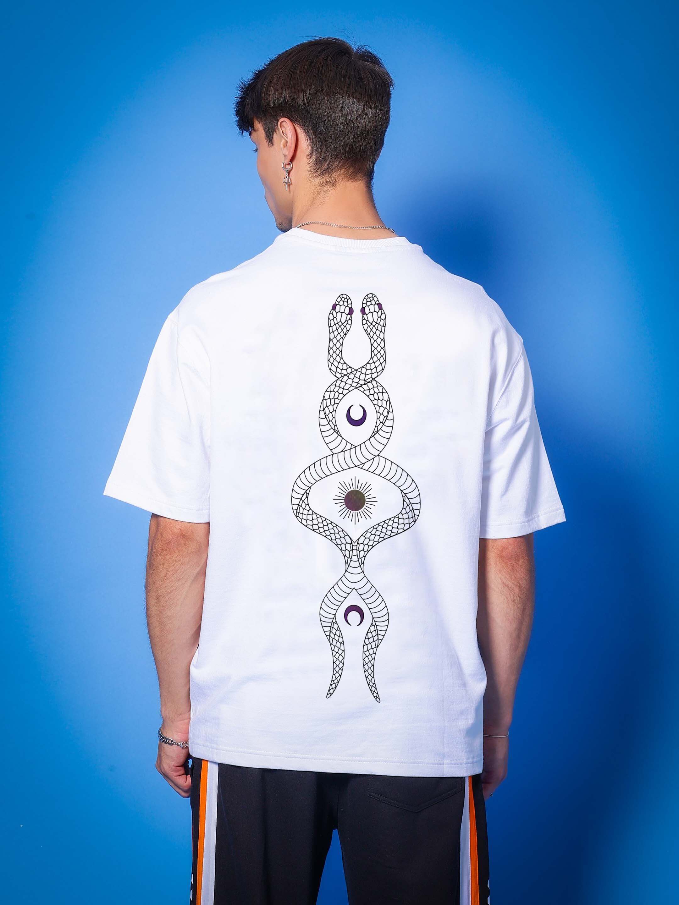 INTERTWINED SNAKE REFLECTOR OVER-SIZED T-SHIRT WHITE with unique back design