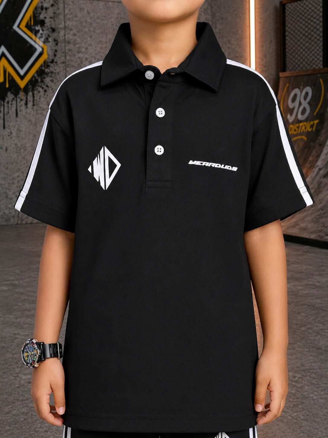 CHAMPION TRACK POLO T-SHIRT FOR BOYS GIRLS BLACK worn by a boy, featuring a sleek black design and sporty accents.