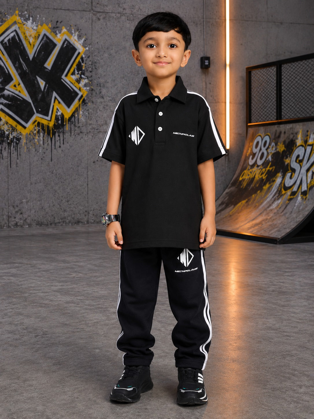 CHAMPION TRACK POLO CO-ORD FOR BOYS GIRLS BLACK