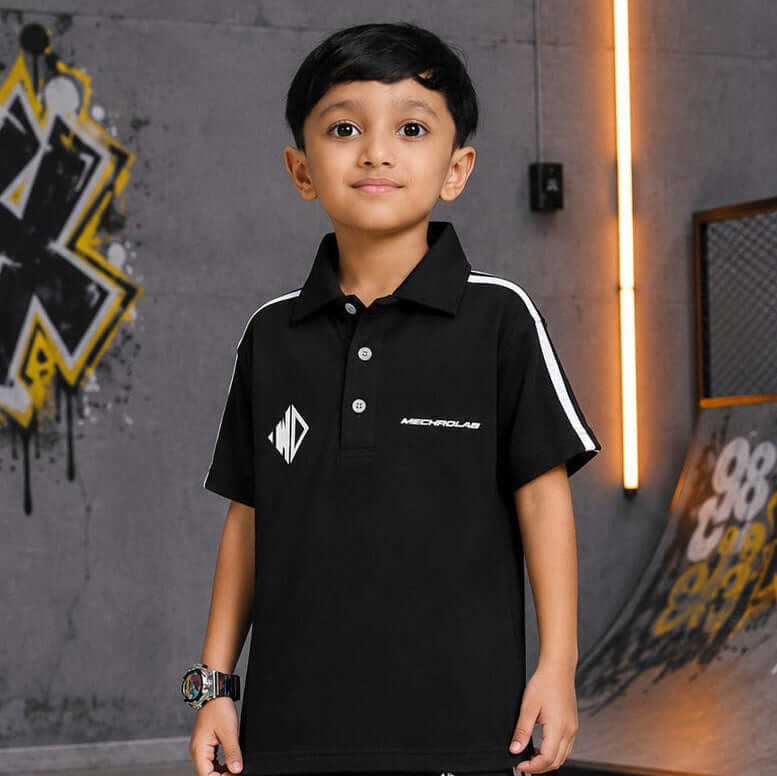 CHAMPION TRACK POLO T-SHIRT FOR BOYS GIRLS BLACK worn by a boy in a stylish urban setting.