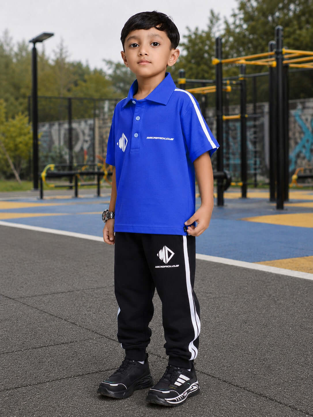 CHAMPION TRACK POLO CO-ORD FOR BOYS GIRLS BLUE stylish set for kids, features a blue polo and track pants.