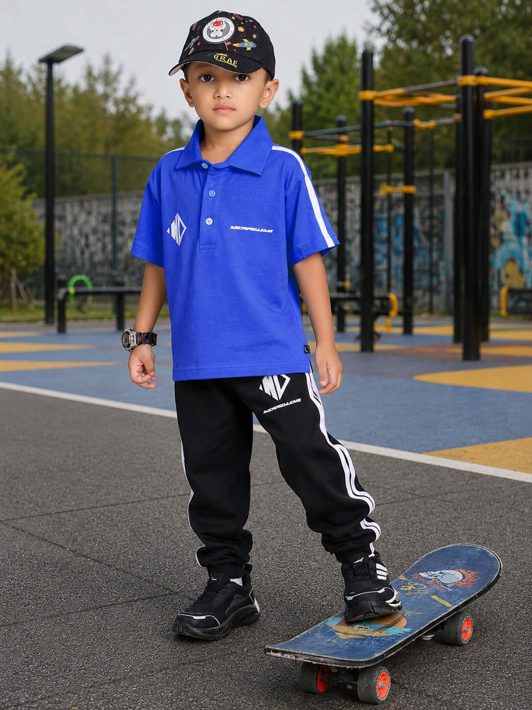 Champion Track Polo Co-Ord for Boys Girls Blue worn by a boy skating in a playground.