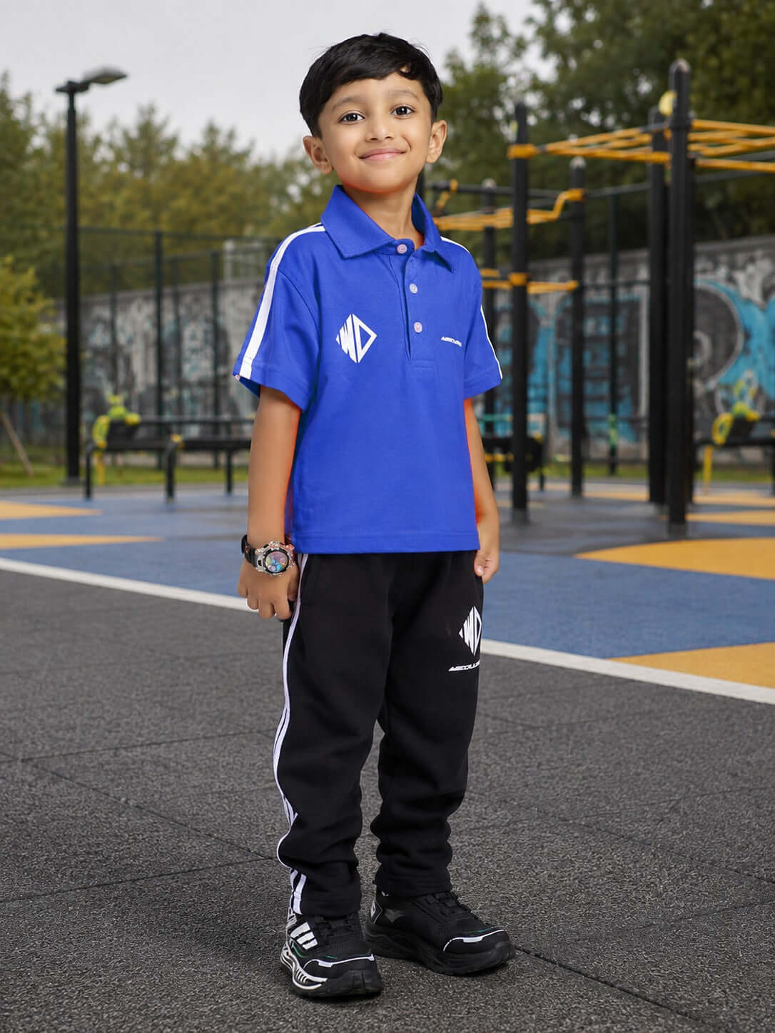 Young boy wearing CHAMPION TRACK POLO CO-ORD FOR BOYS GIRLS BLUE, standing in a park, showcasing sporty style.