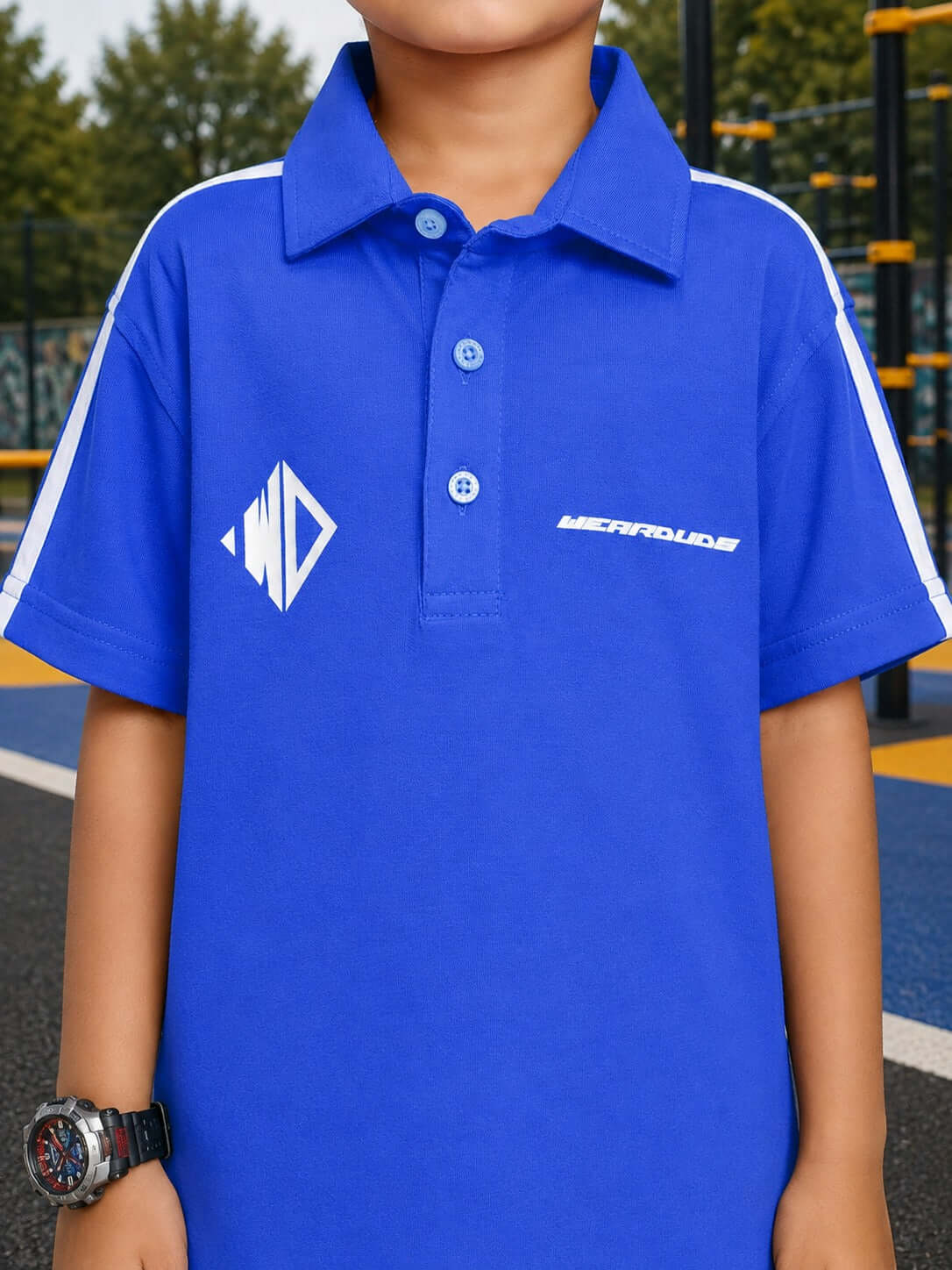 Champion Track Polo T-Shirt for Boys Girls Blue on a young model, showcasing vibrant blue color and sporty design.