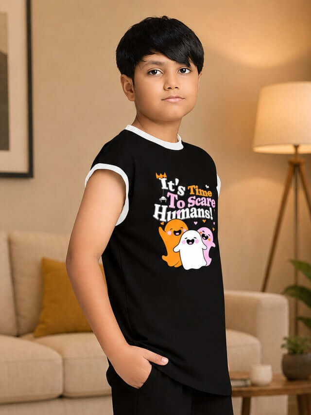 GHOST GRAPHIC TANK SLEEVELESS T-SHIRT FOR BOYS GIRLS BLACK worn by a boy with ghost graphic design.