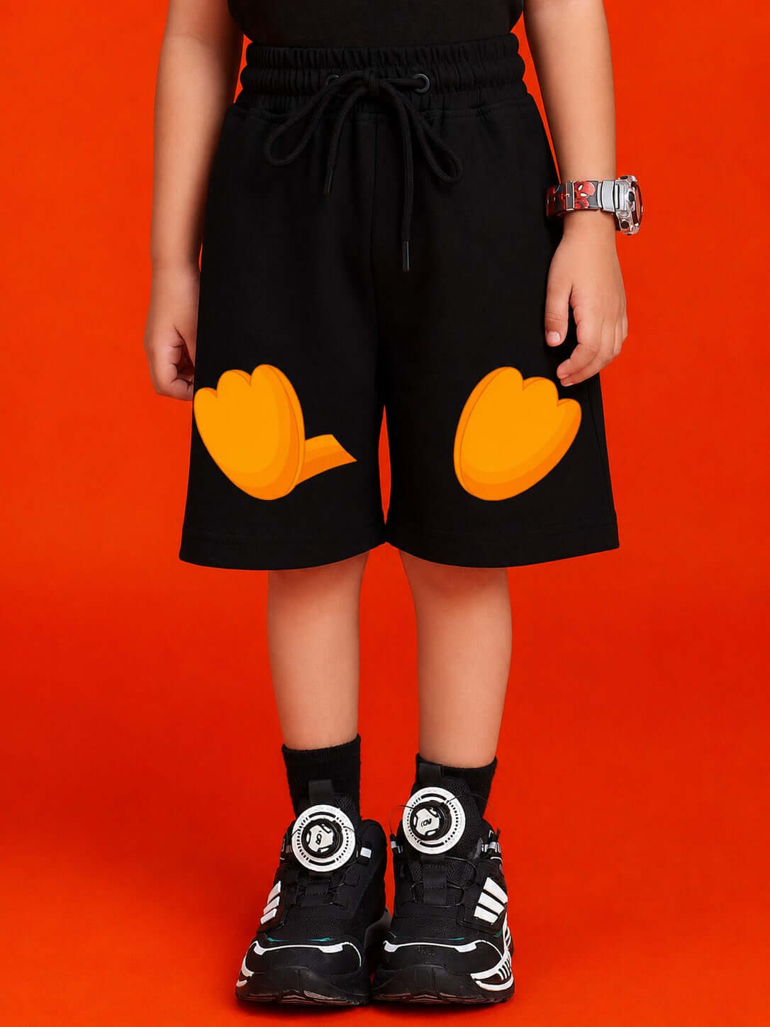 QUACK ATTACK GRAPHIC CO-ORD SET FOR BOYS GIRLS BLACK featuring playful shorts with fun graphic details.