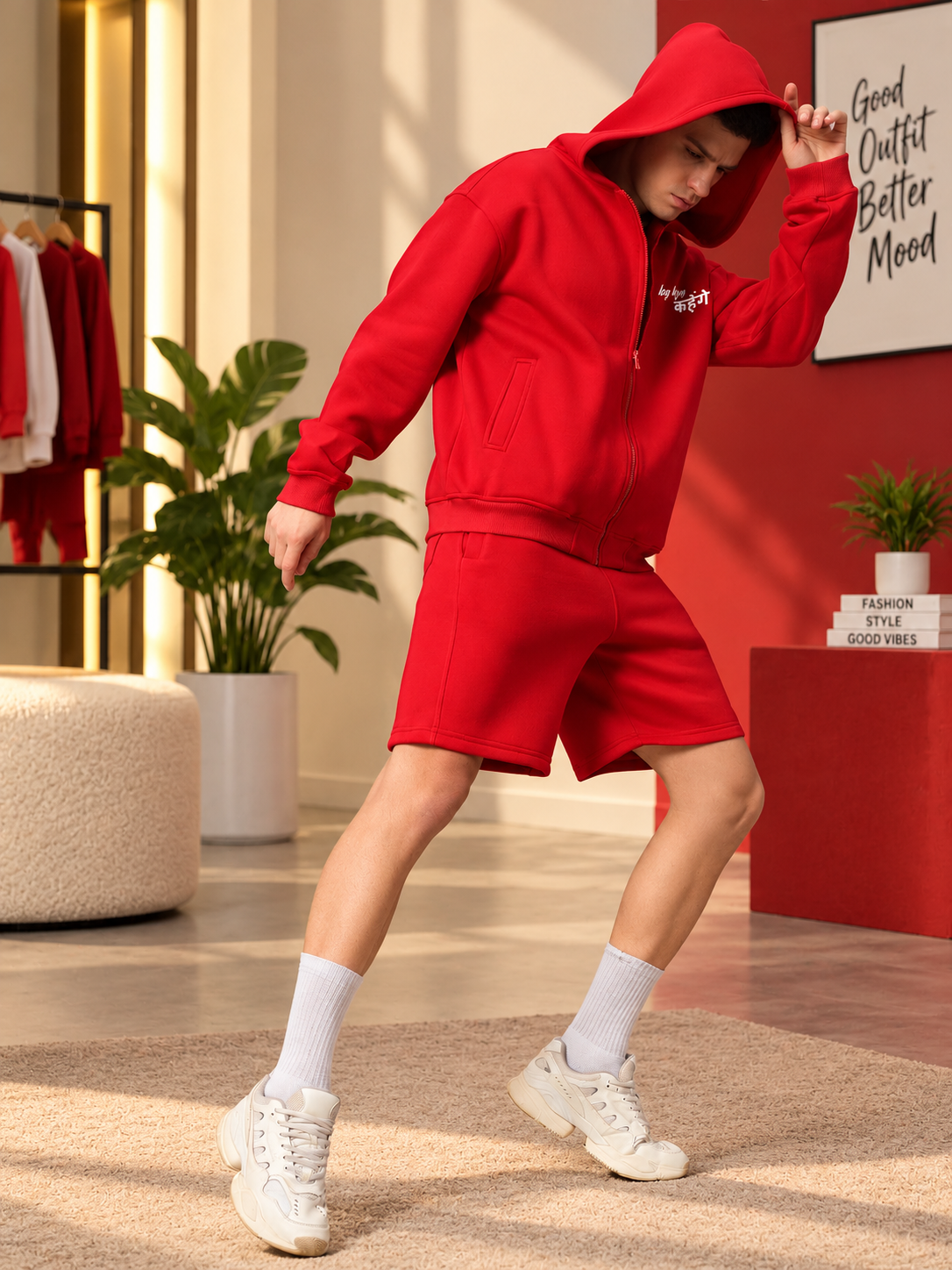A LOOK ATTITUDE FLEECE CO-ORD RED hoodie and shorts set styled for a casual, trendy look