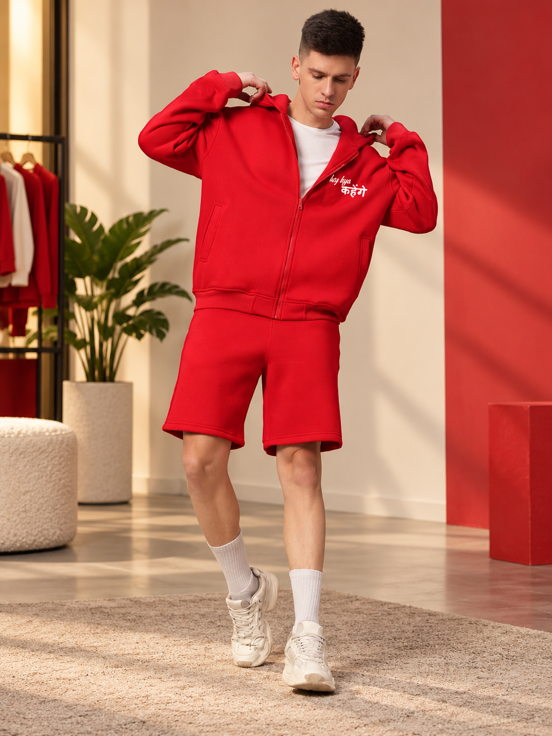 Man wearing A LOOK ATTITUDE FLEECE CO-ORD RED hoodie and shorts set, stylish casual fleece outfit