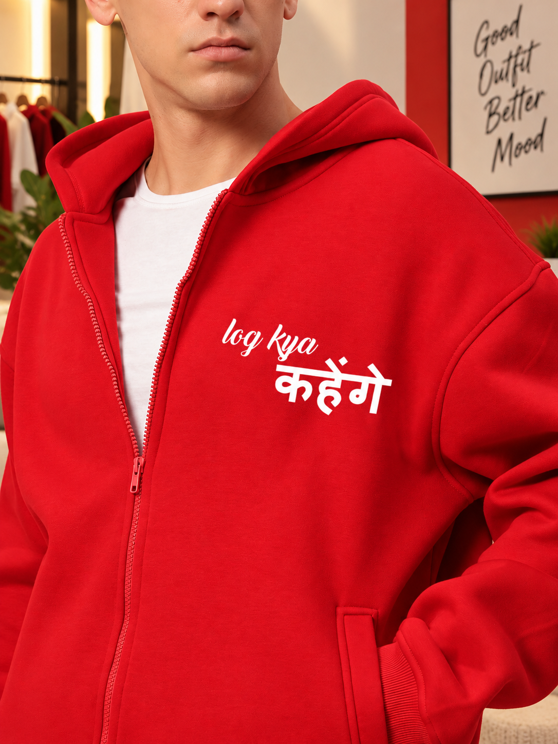A LOOK ATTITUDE FLEECE CO-ORD RED zip-up hoodie with bold graphic print, stylish cozy comfort fit