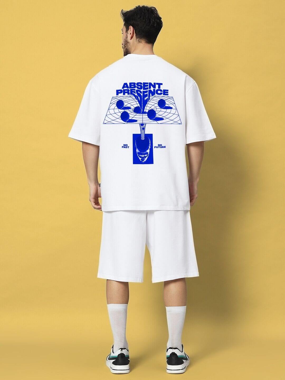 ABSENT PRESENT CO-ORD SET WHITE shown from the back with modern design elements for a casual and stylish look.