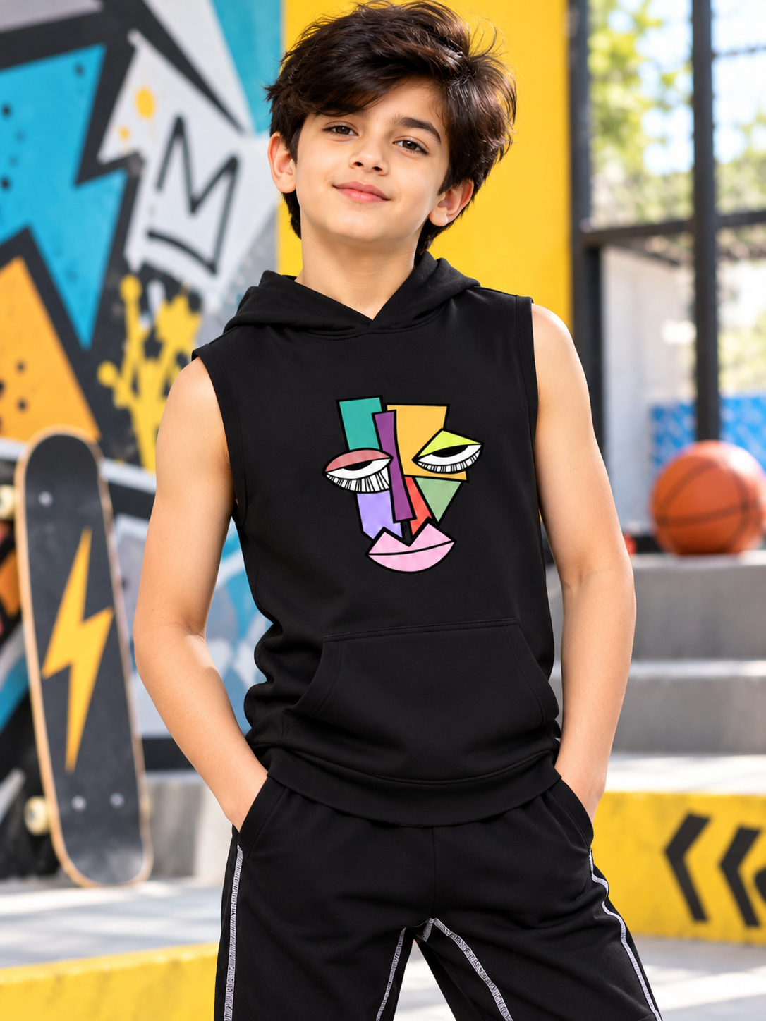ABSTRACT FACE GYM SLEEVELESS HOODED T-SHIRT FOR BOYS GIRLS BLACK